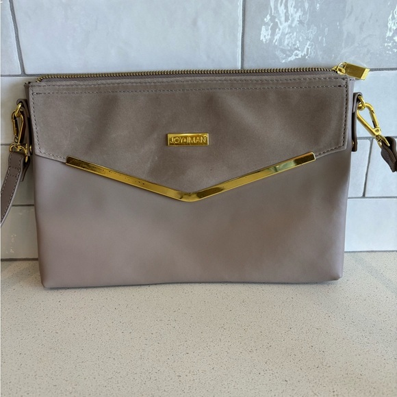 Joy & Iman Taupe Leather Clutch Bag with Shoulder Strap Grey - Picture 1 of 8